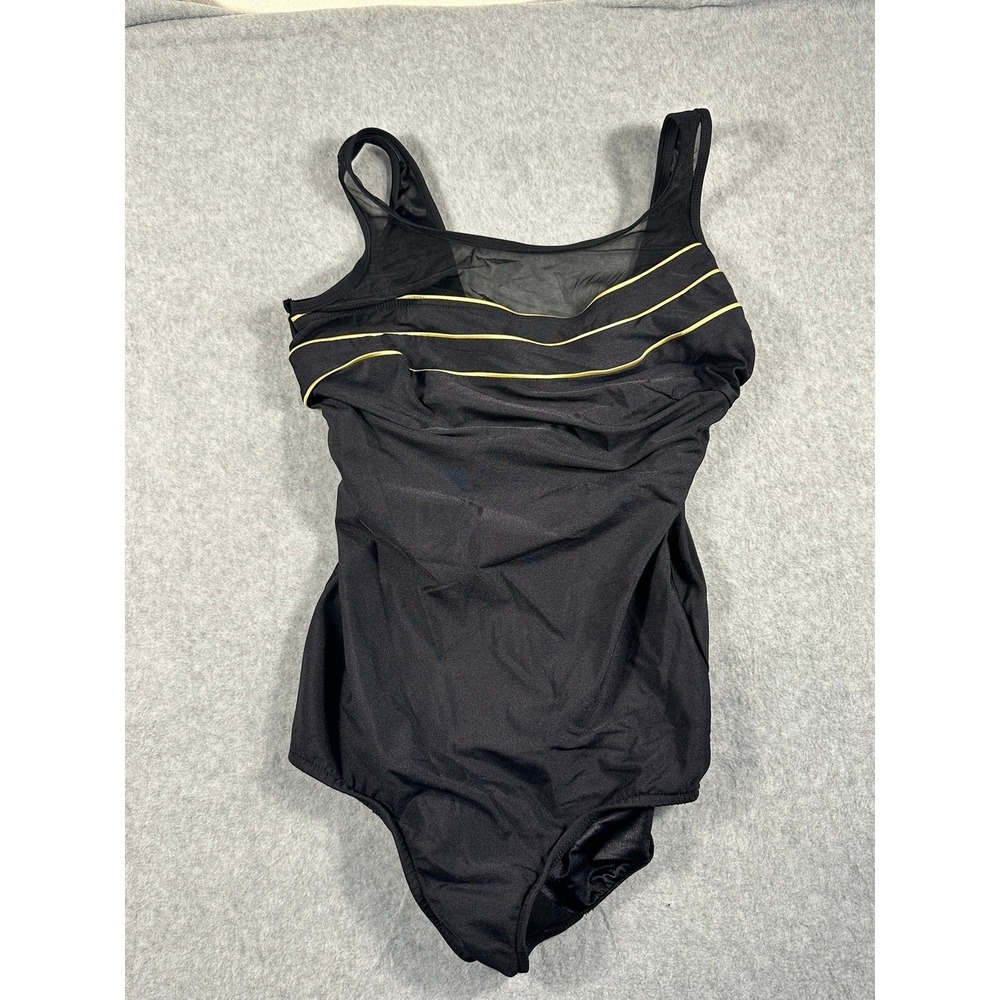 Slim Allure Womens 20W One Piece Swimsuit Black Gold Piping Mesh Ruched Vintage